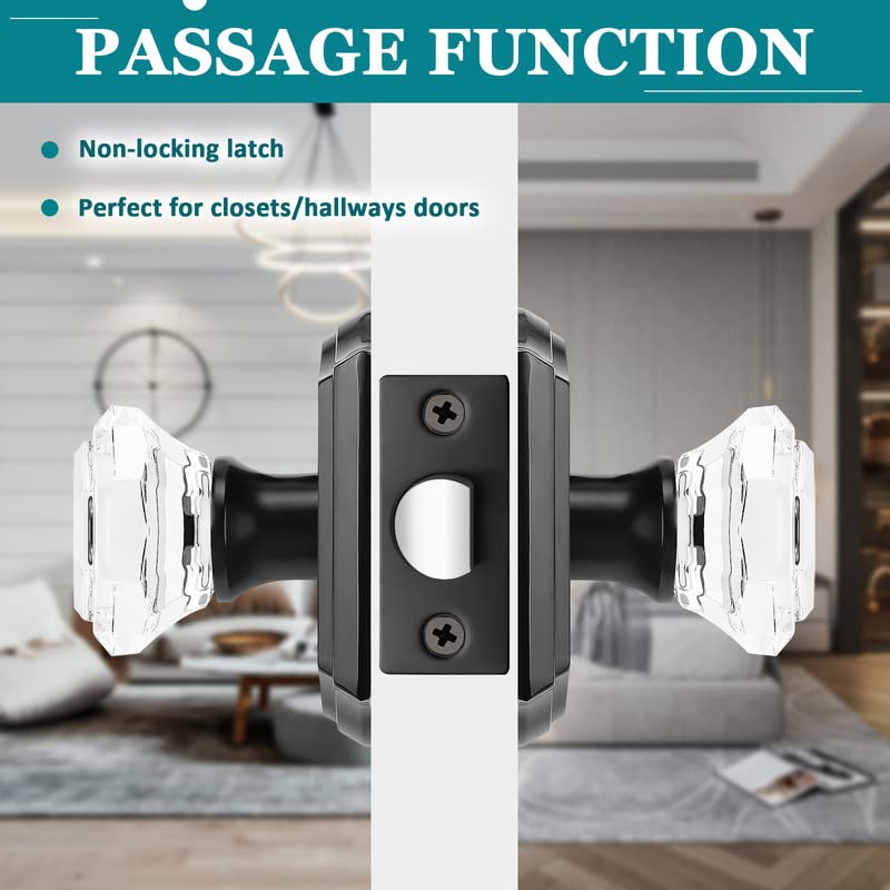 Orger Passage Door Knobs for Hallway and Closet, Glass Door Handles with Non-Locking Latch, Octagonal Clear Crystal Door Knobs 3 Pack, Black Vintage Rosette with Heavy Duty Crystal - Image 2